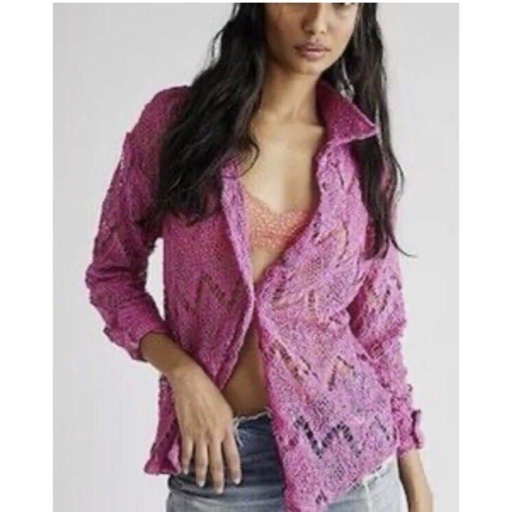 FREE PEOPLE Until Sundown Shirt Cover-Up Gin Fizz Pink Crochet Size XS